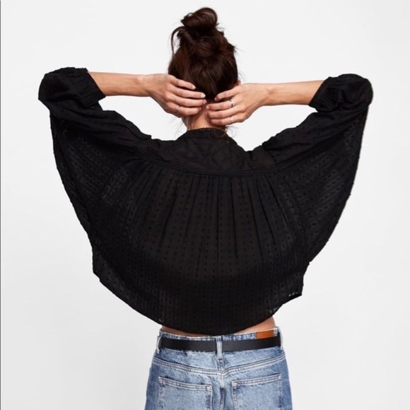 Zara Black Cropped Embroidered Swiss Dot 3/4 Sleeve Blouse Size L - Picture 6 of 17